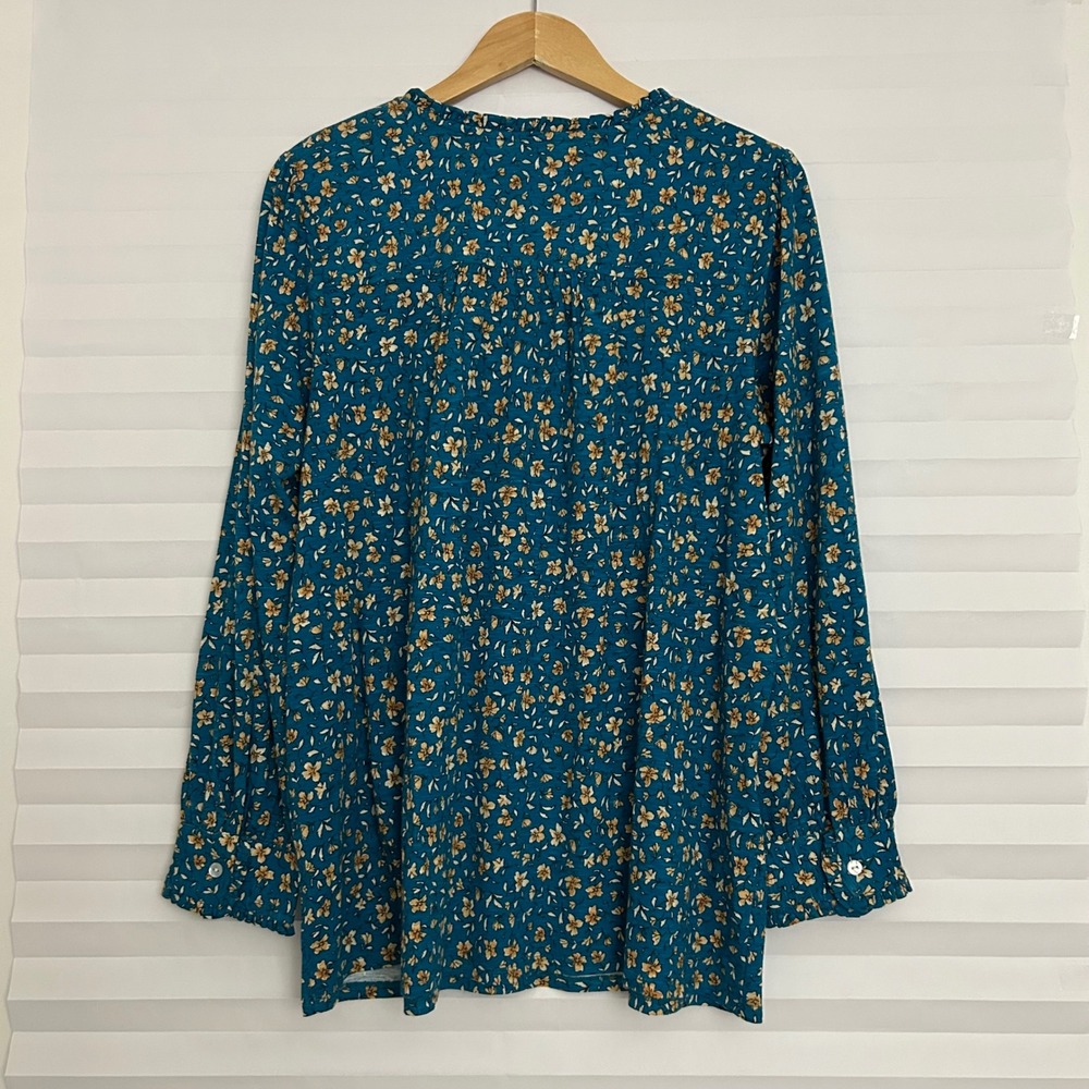 J. Jill Teal Floral Pintuck V-Neck Blouse Cotton Tencel Modal L Long Sleeve - Picture 2 of 9